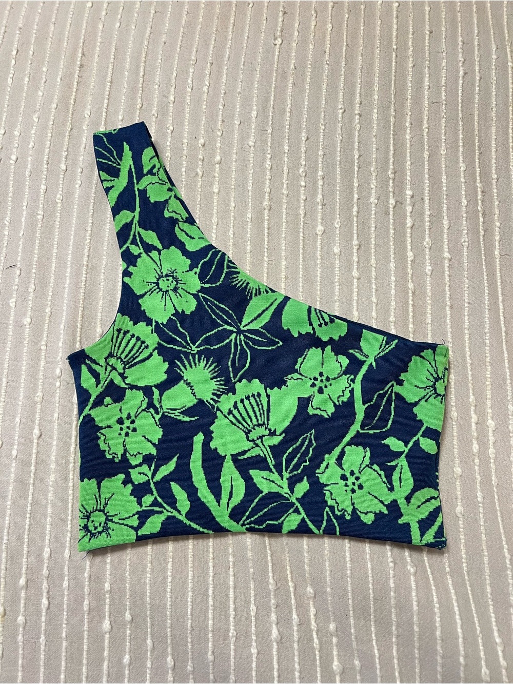 Zara One-Shoulder Floral Crop Top in Navy & Lime Green